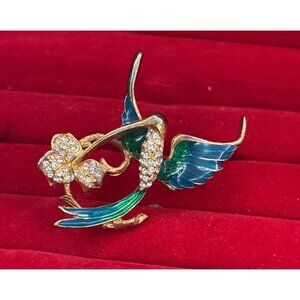 Vintage Covani Enamel & Rhinestone Bird Brooch Pin With Floral Design